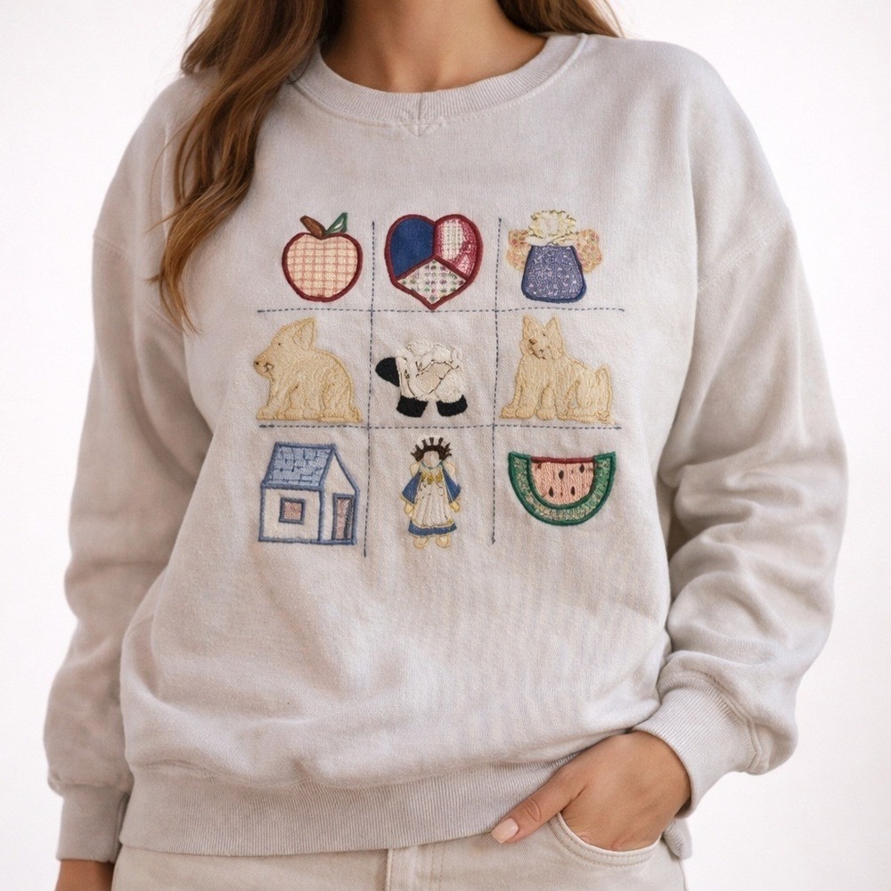 VTG‎ White Patchwork Crewneck Sweatshirt Animals Angel Grandma Core Size XL READ